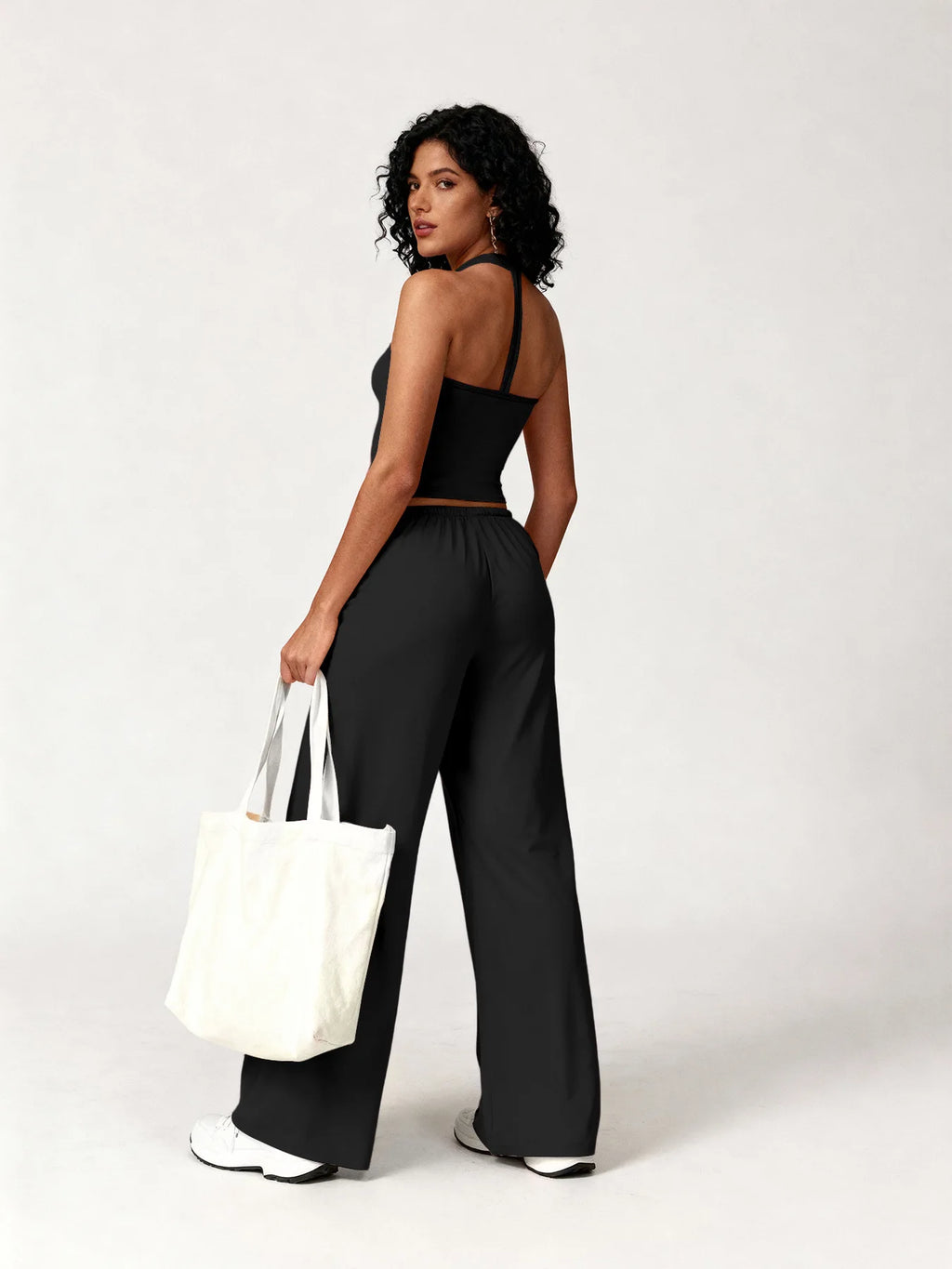 Two Piece Set With Sleek V Neck Tank Backless Detail And Wide Leg Pants
