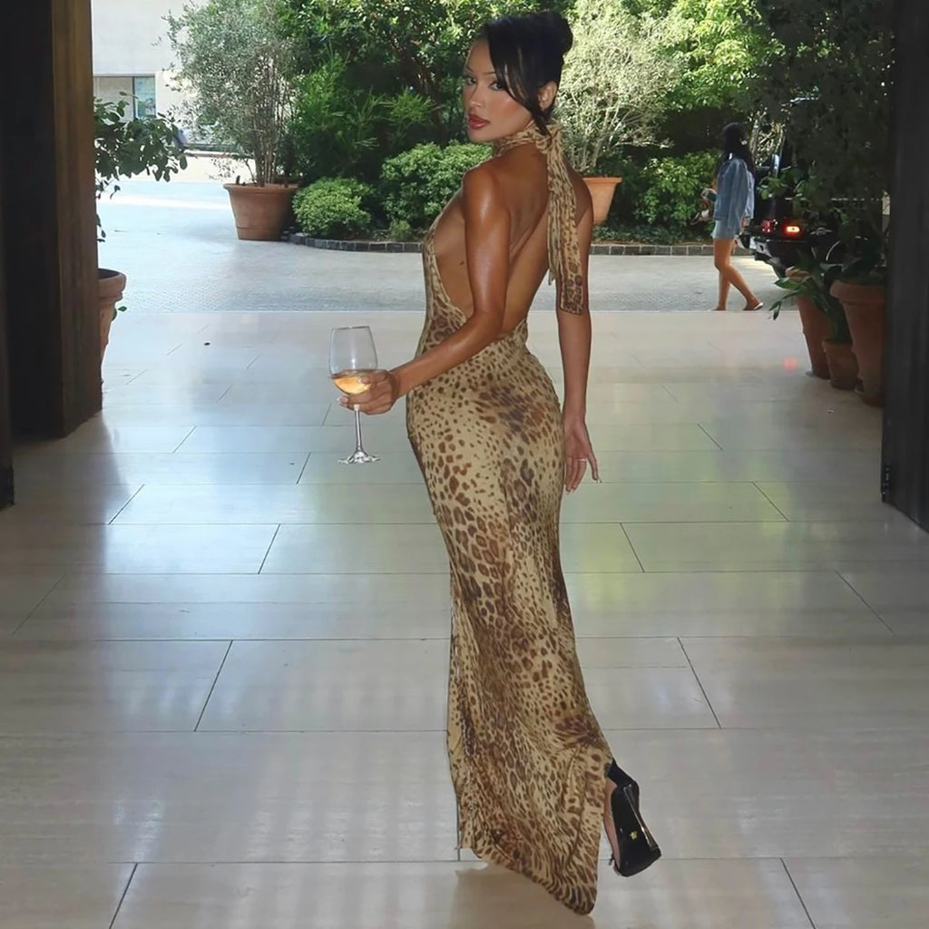 Leopard Print Turtleneck Sleeveless Backless Maxi Dress With Cutout Slit