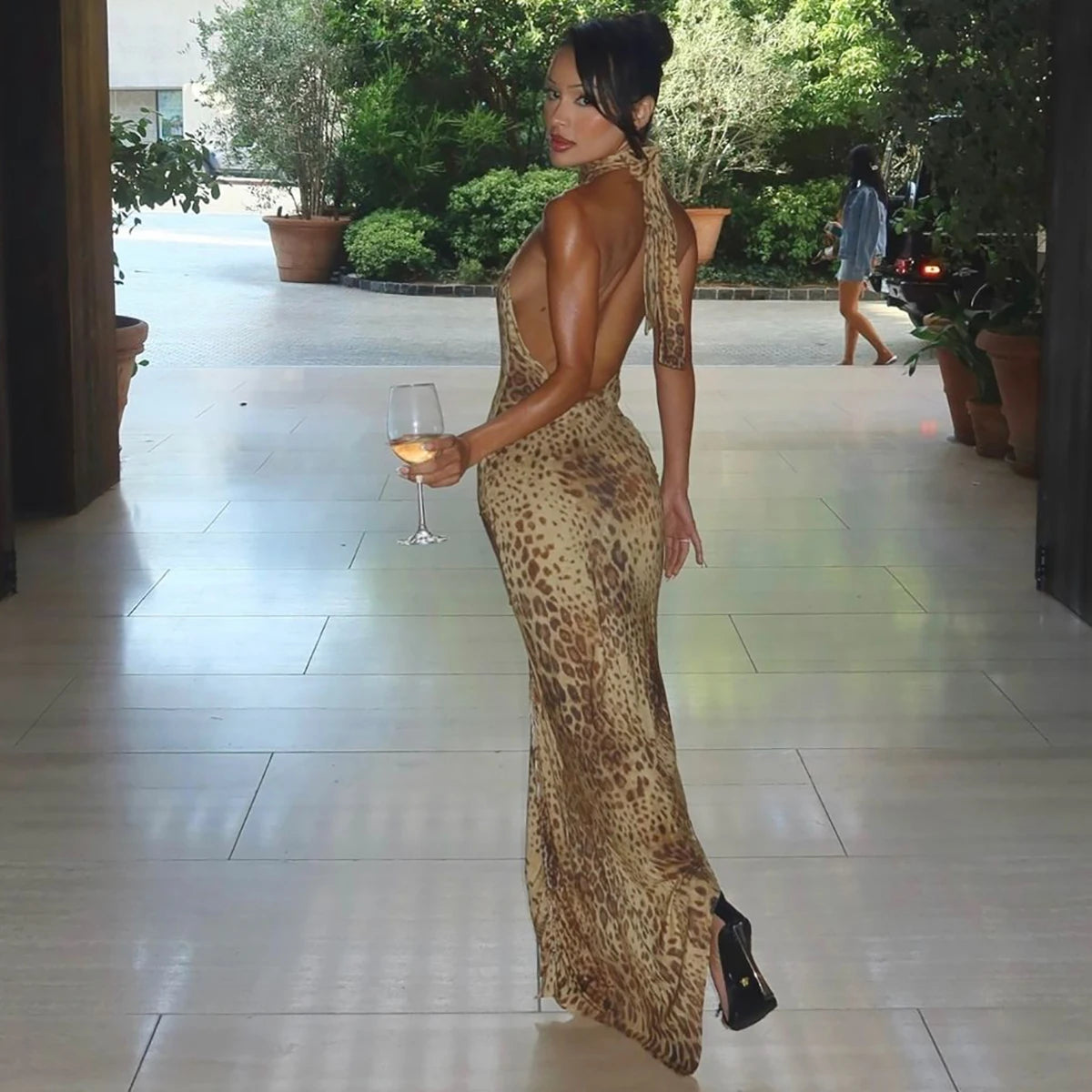 Leopard Print Turtleneck Sleeveless Backless Maxi Dress With Cutout Slit