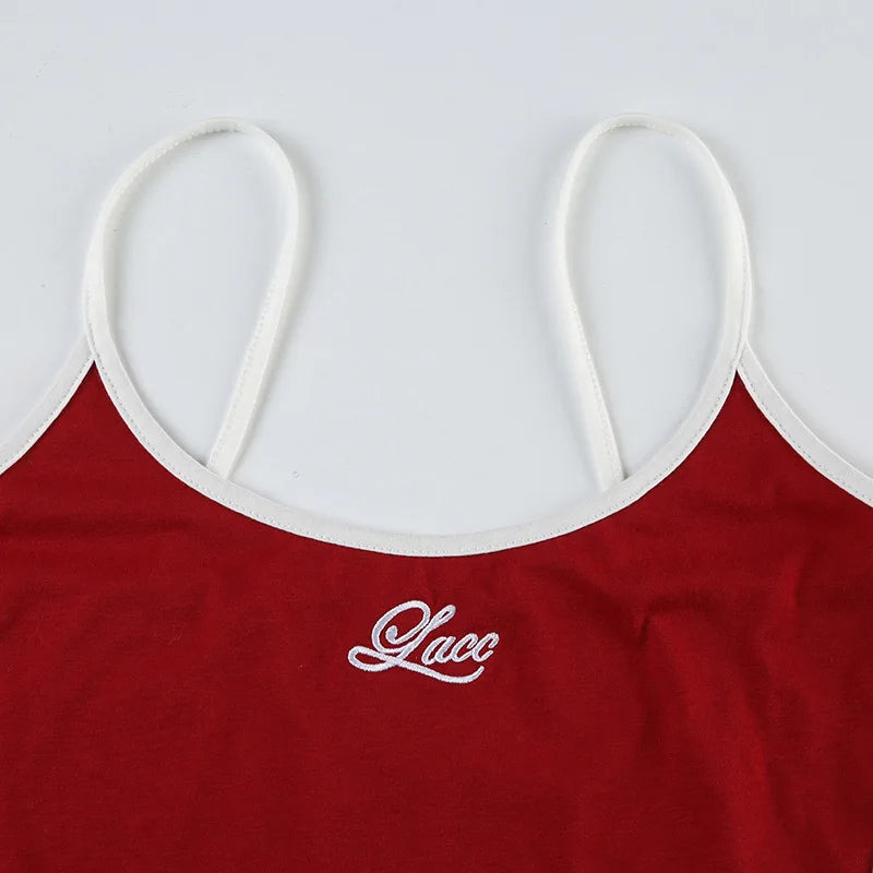 Embroidery Letter Contrast Set With Backless Camisole Top And Drawstring Elastic Shorts