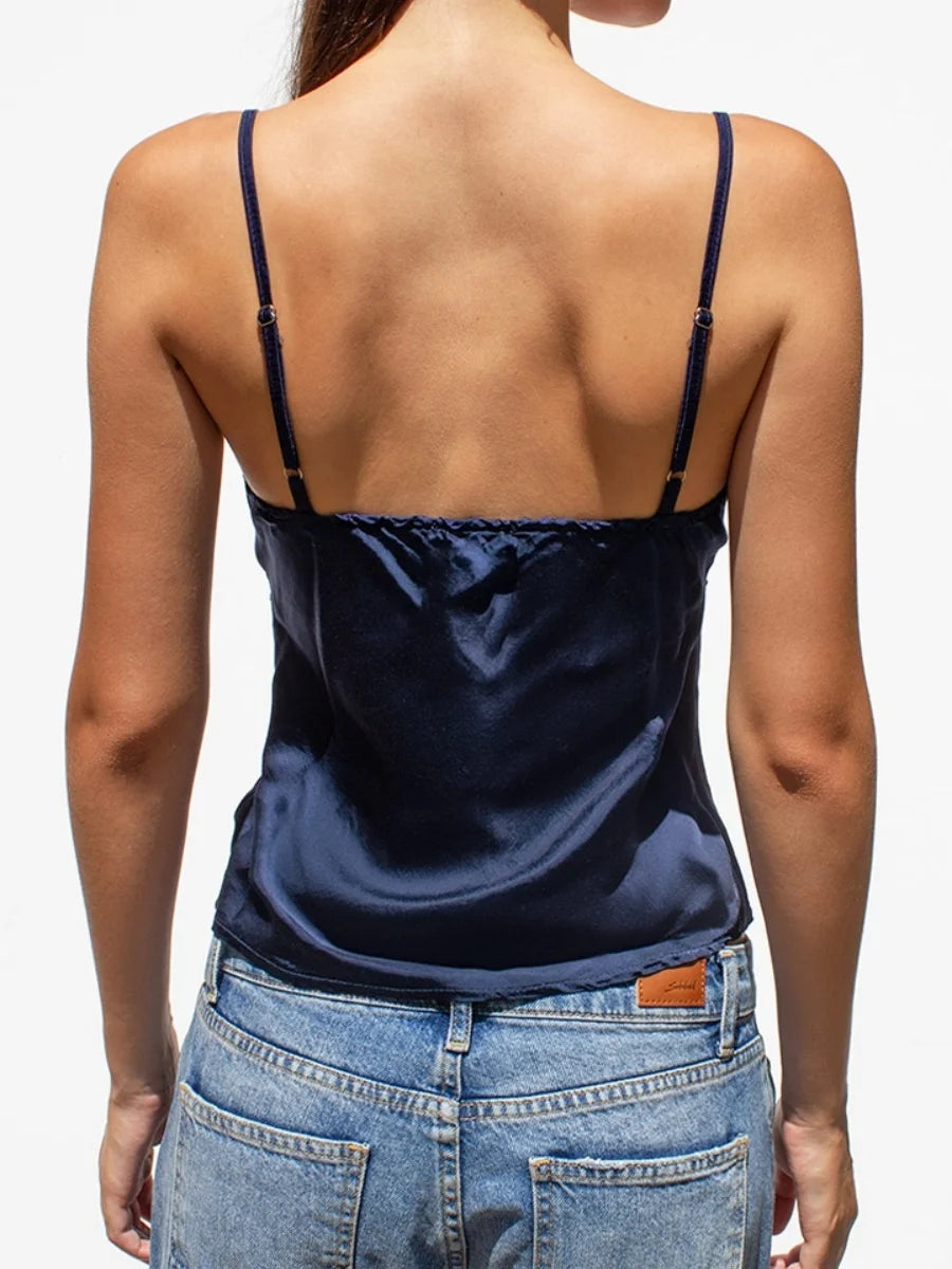 Satin Spaghetti Strap Camisole With Lace Trim V Neck Top