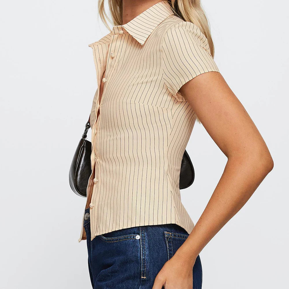 Vintage Striped Short Sleeve Button Down Shirt Preppy Casual Blouse With Crop Top Vibe