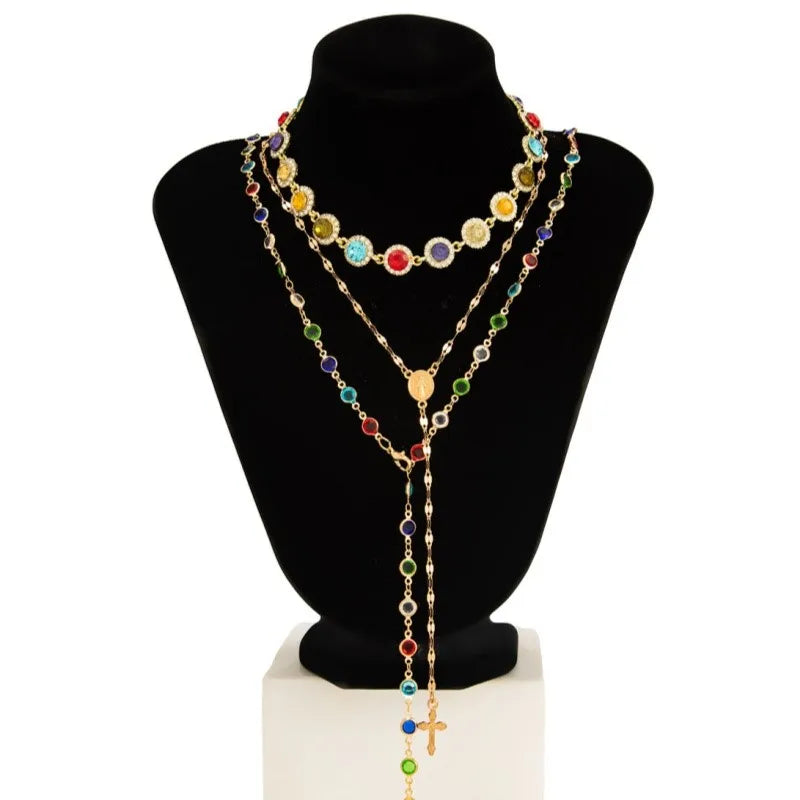 Boho Rainbow Rhinestone Layered Necklace Set For Women Bohemian Chic Everyday Jewelry