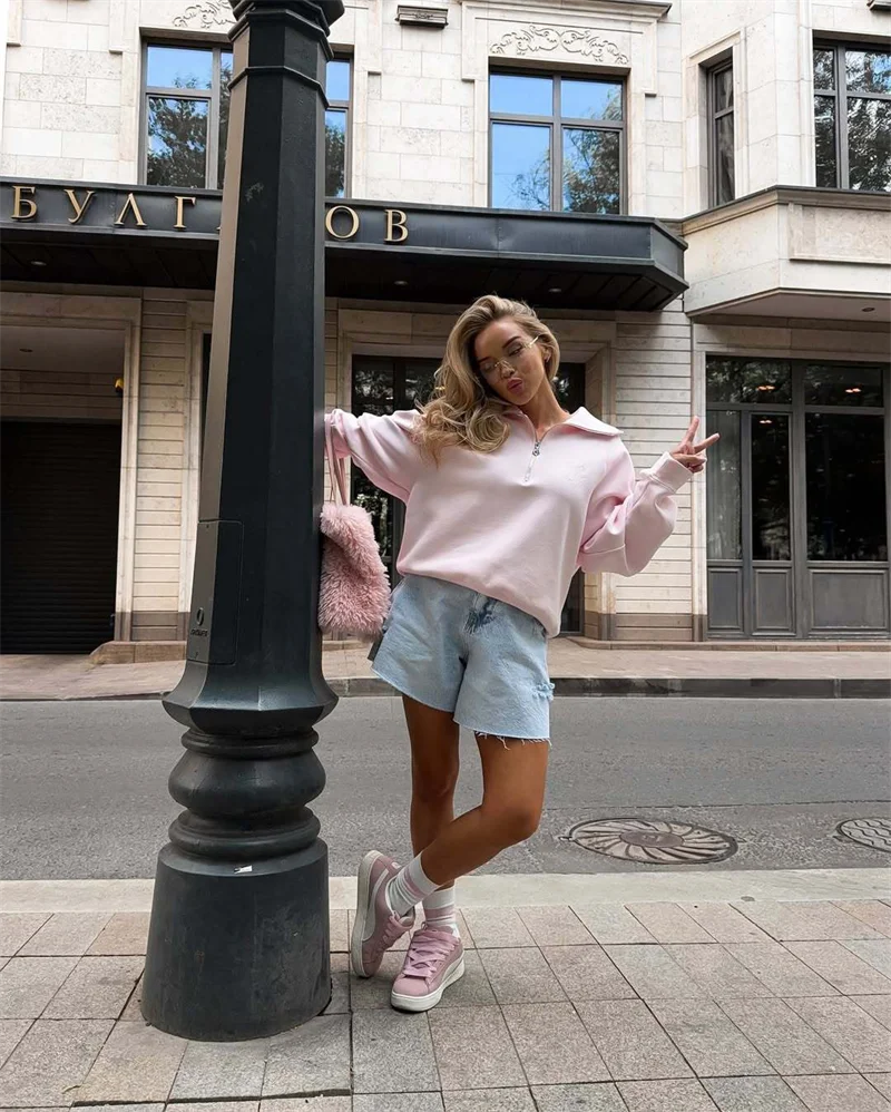 Fashion Women Pink Sweatshirt Vintage  Pullover Loose Half Zip Letter Embroidery Outwear