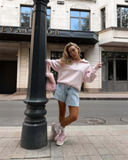 Fashion Women Pink Sweatshirt Vintage  Pullover Loose Half Zip Letter Embroidery Outwear
