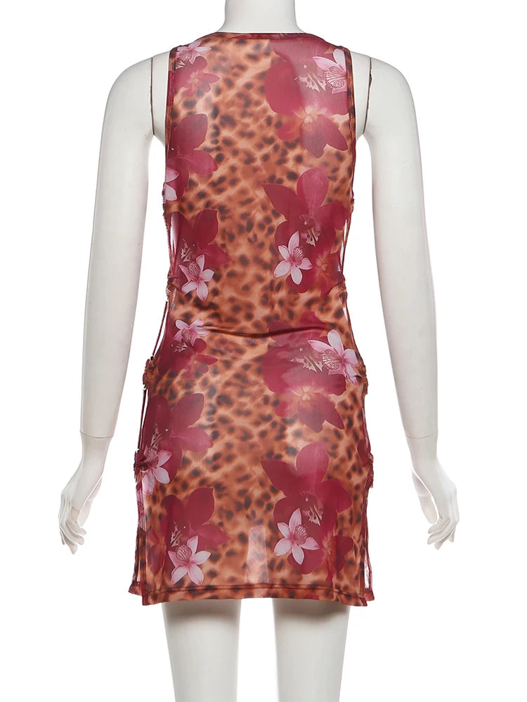 Leopard Print Mesh Patchwork Dress With Ring Details