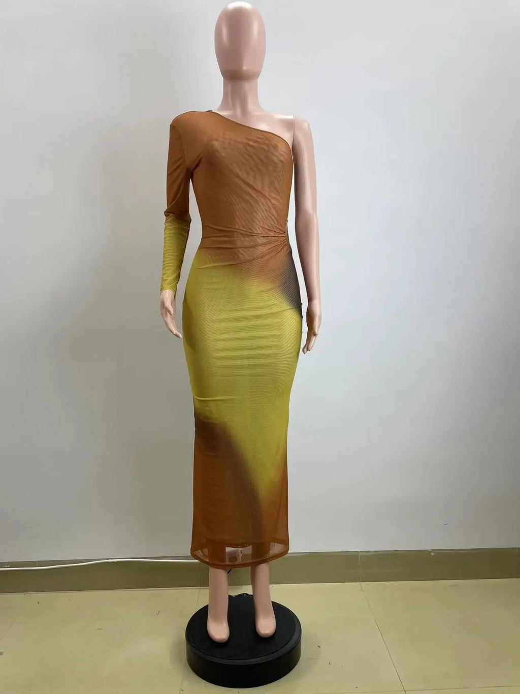 Long Maxi Dress With Skew Collar Full Sleeves Mesh See Through