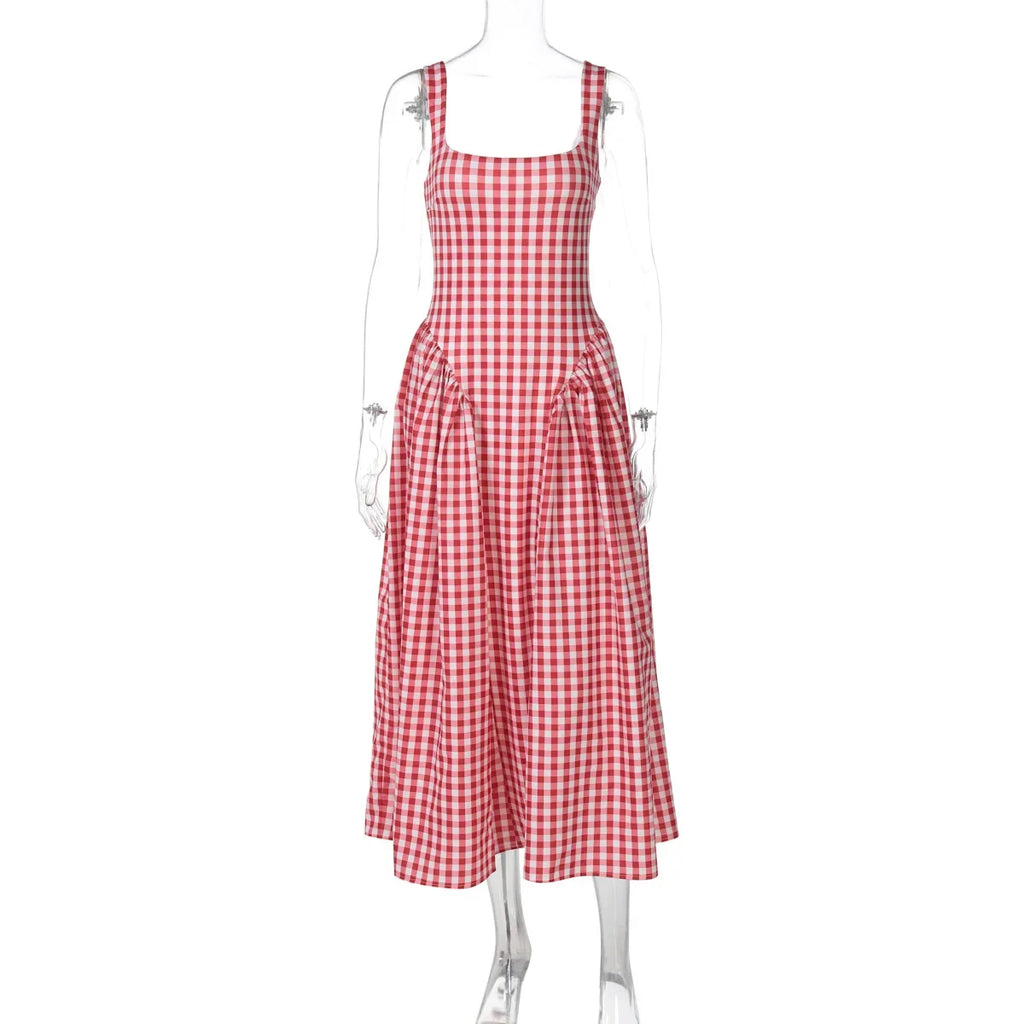 Gingham Square Neck A-Line Midi Dress With Pockets