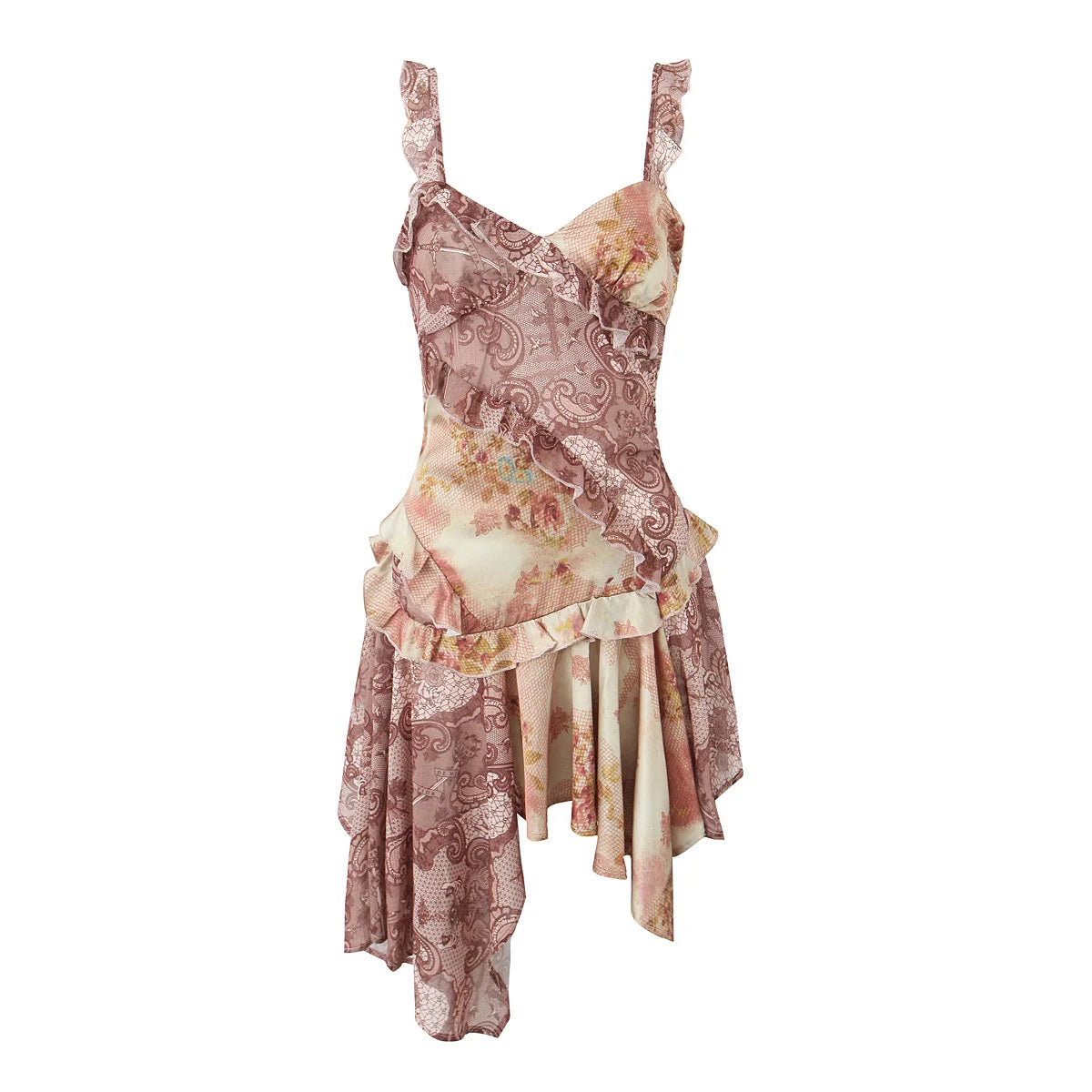 V Neck Paisley Totem Print Mini Dress With Ruffles Pleats And Irregular Hem