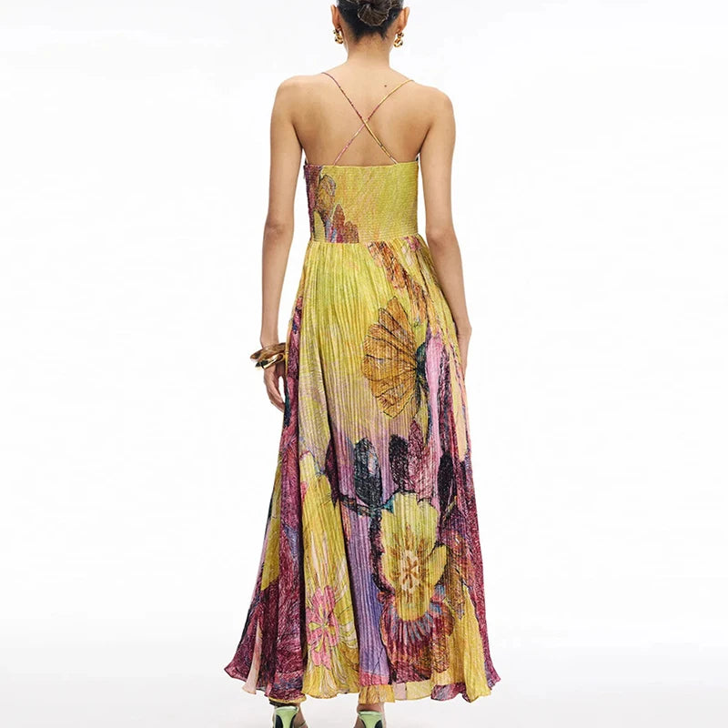 Off Shoulder Pleated Long Party Dress With Print