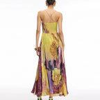 Off Shoulder Pleated Long Party Dress With Print