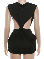 Patchwork Ruched Deep V Neck Sleeveless Backless Bodycon Dress