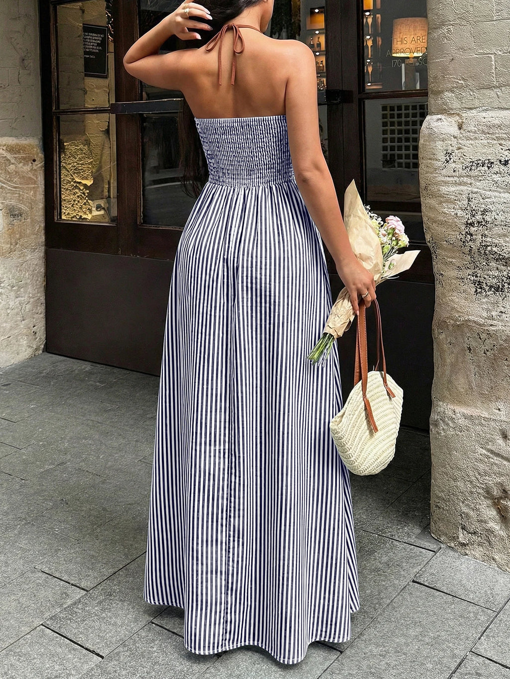 Sea Breeze Striped Deep V Beach Dress With Backless Sleeveless Maxi