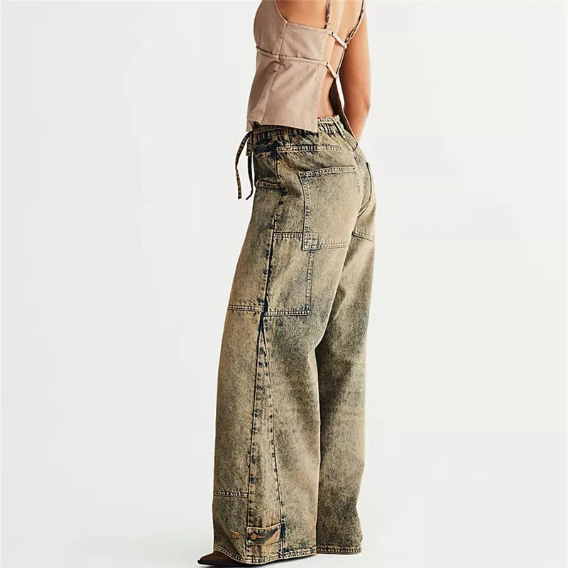 Relaxed Wide Leg Denim Jeans With Big Pockets Casual Baggy Trousers Vintage Streetwear Vibe
