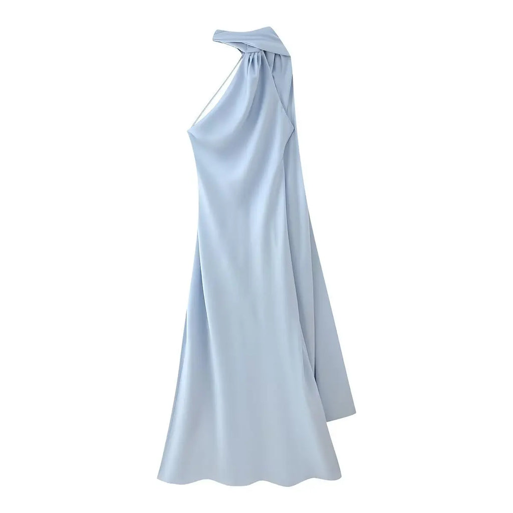 Elegant Silk Satin Halter Maxi Dress Backless Ribbon Tie Evening Gown