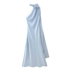 Elegant Silk Satin Halter Maxi Dress Backless Ribbon Tie Evening Gown