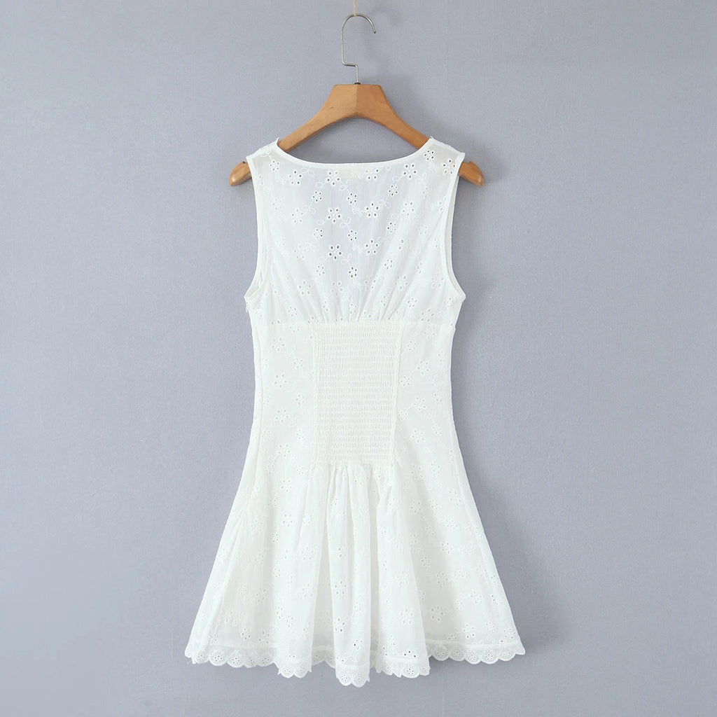White Embroidered Lace V Neck Mini Dress With Hollow Out Detail And Back Zipper Closure