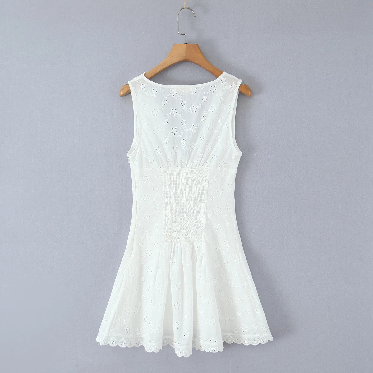 White Embroidered Lace V Neck Mini Dress With Hollow Out Detail And Back Zipper Closure
