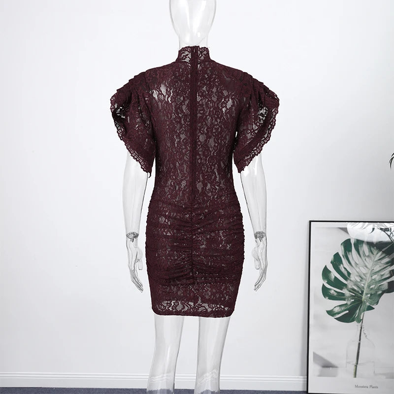 Lace Sheer Party Dress With Pleated Patchwork And Flutter Sleeves For Elegant Evenings