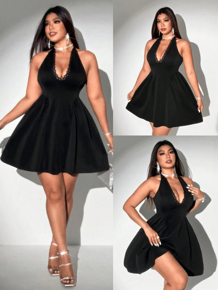 Plus Size Lace Trim V Neck Sleeveless Puff Evening Dress