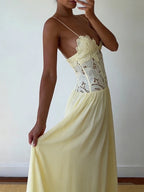 Hollow Out Lace Patchwork Sleeveless Dress With V Neck