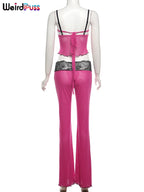 Patchwork Mesh Set With Leopard Print Skinny Pants Sexy Sleeveless Crop Top Street Style