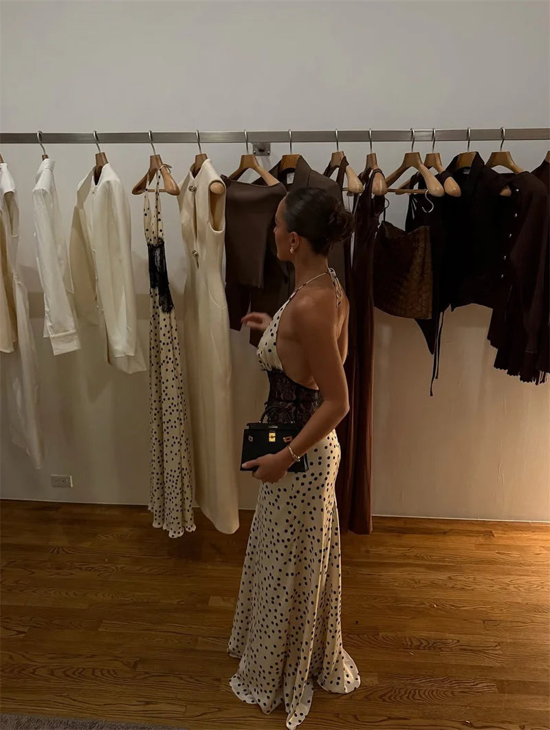 Polka Dot Backless Maxi Dress With Lace Patchwork Halter Neck Deep V Bodycon Evening Gown
