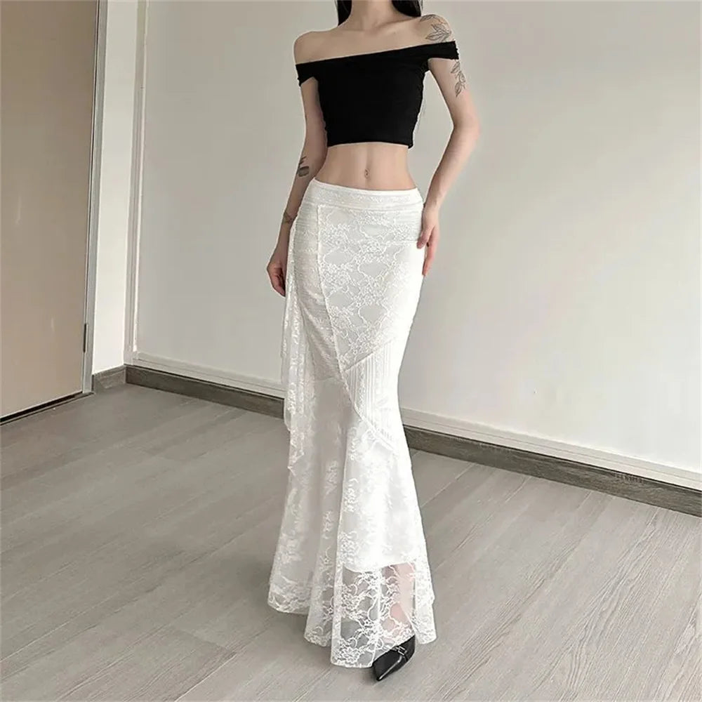 Patchwork Lace Pleated Skirt With High Waist Irregular Hem Cream Ruched Elegance