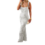 Women Thin Shoulder Straps Tied Long Cami Dress Sleeveless Low Cut Tie Up Flower Embroidery Mermaid Sundress