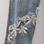 Whimsical Floral Patchwork Lace Denim Jeans With High Waist And Elegant Hollow Out Details