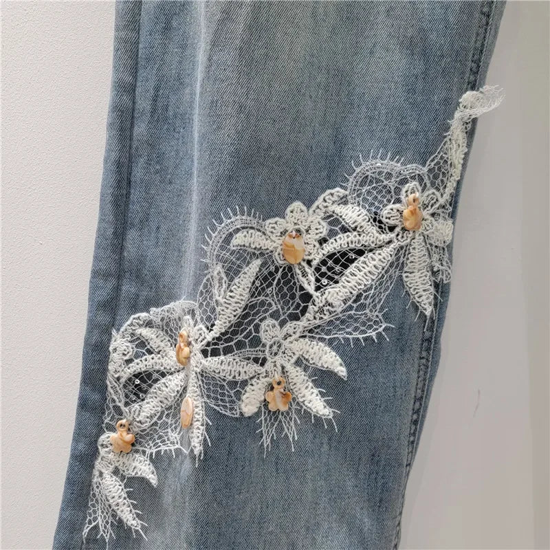 Whimsical Floral Patchwork Lace Denim Jeans With High Waist And Elegant Hollow Out Details
