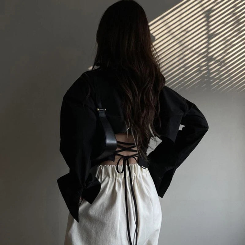 Backless Bandage Blouse With Turn Down Collar And Delicate Lace Up Details