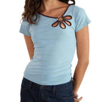 Nostalgic Streetwear Tee With Hollow Flower Cutout Slim Fit Half Sleeve For Women