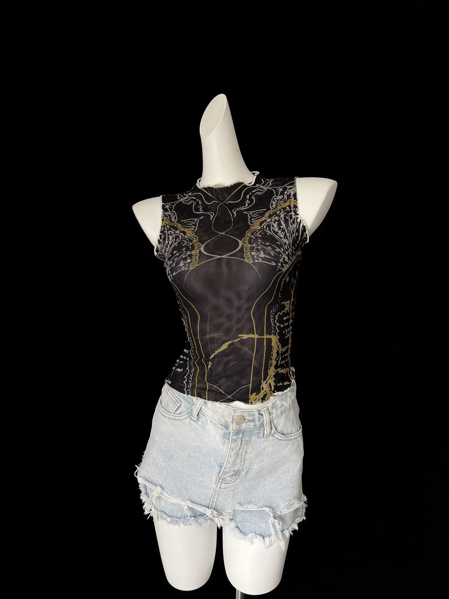 Chic Double Layer Mesh Tee With Elegant Print And High Collar Short Sleeve Women Net Shirt