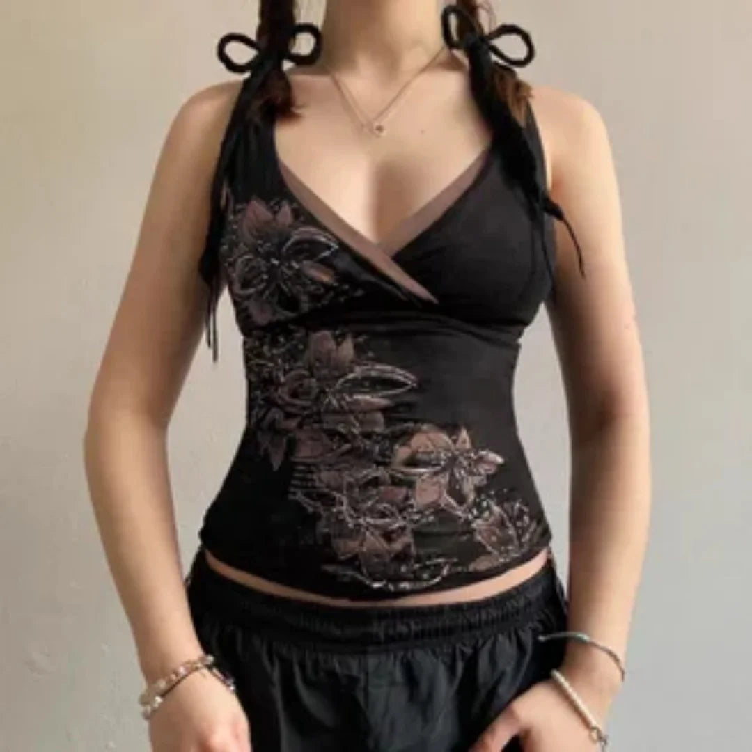 Retro Vintage Floral Camisole With Bold Color Block Strappy Design