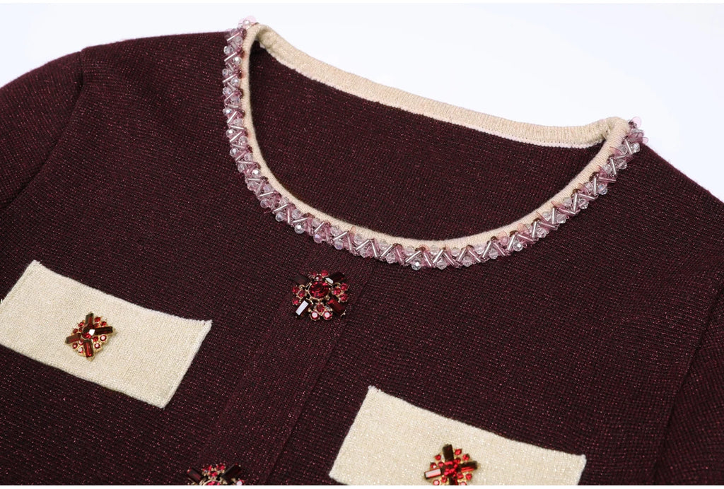 Diamond Buckle Knit Top With Elastic Fit Long Sleeve Pullover Round Neck For Women