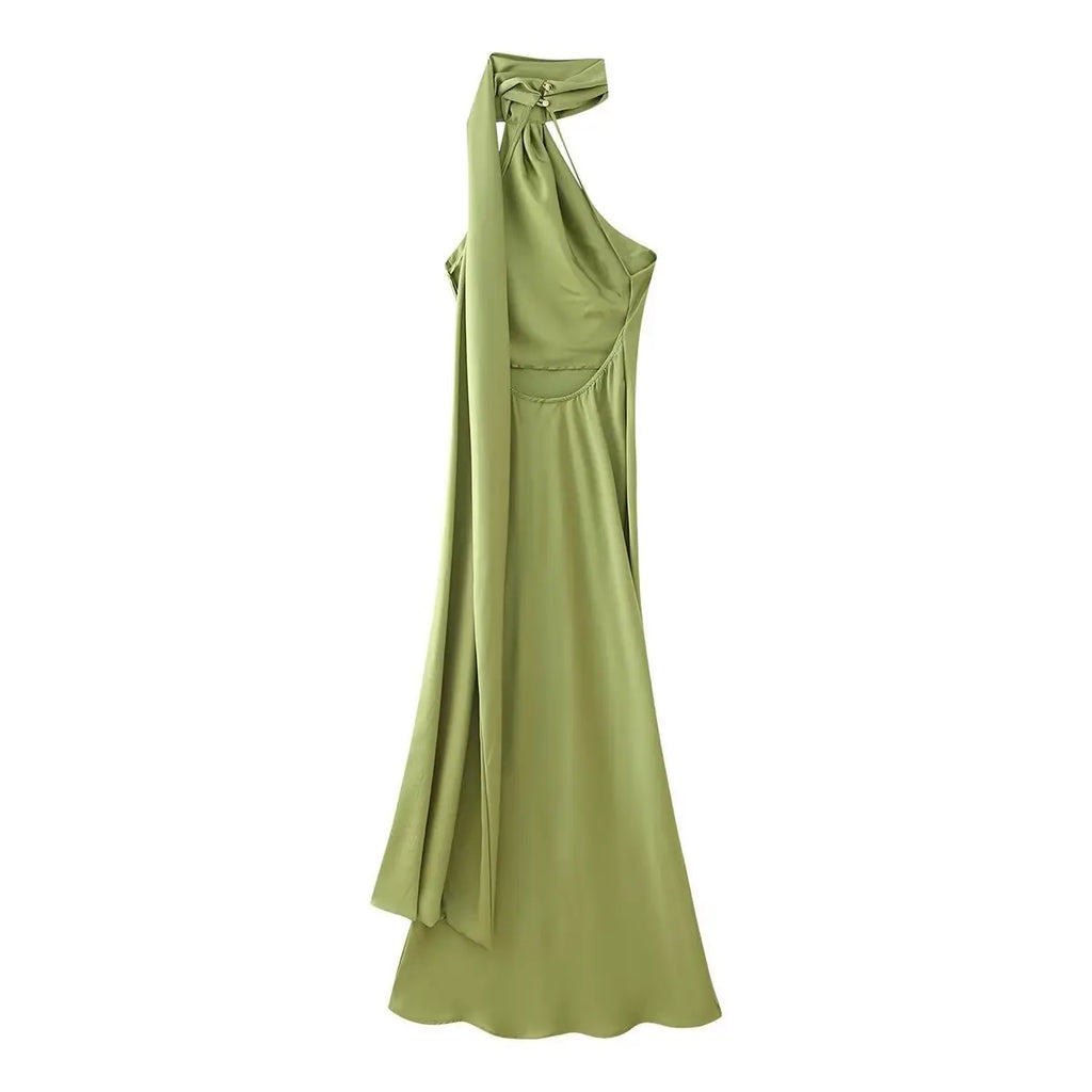 Elegant Silk Satin Halter Maxi Dress Backless Ribbon Tie Evening Gown
