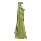 Elegant Silk Satin Halter Maxi Dress Backless Ribbon Tie Evening Gown