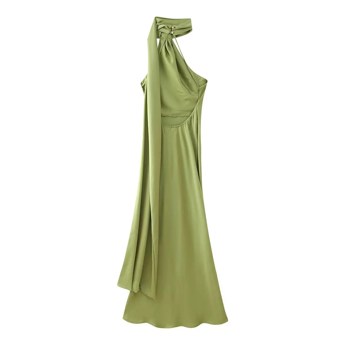 Elegant Silk Satin Halter Maxi Dress Backless Ribbon Tie Evening Gown