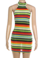 Stripe Patchwork Bodycon Mini Dress Halter Backless Off Shoulder