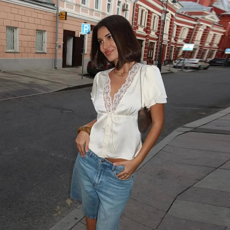 Lace Splicing Female Chic Bow Lace-up V Neck Short Sleeve Shirt