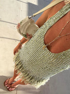 Sequined Tassel Halter Dress With Fur Fringe Backless V Neck