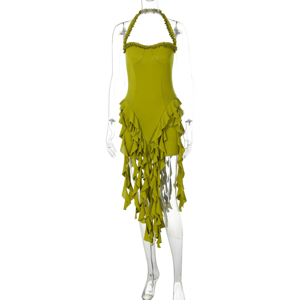 Elegant Halter Backless Ruffles Mini Dress Slim Fit With Tassel Detail