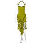 Elegant Halter Backless Ruffles Mini Dress Slim Fit With Tassel Detail