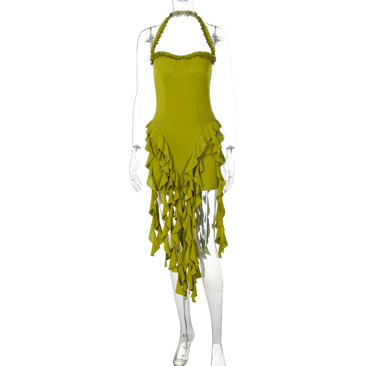 Elegant Halter Backless Ruffles Mini Dress Slim Fit With Tassel Detail