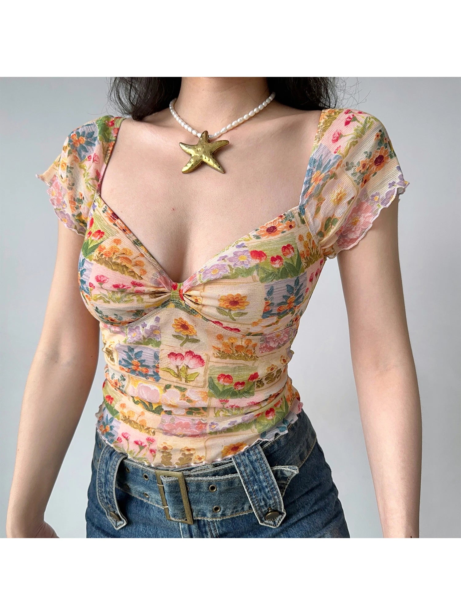 Yellow Floral Lace Mesh V Neck Tee Top