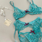Lace Ultra-Thin Push-Up Bra Panty and Garter Set in Blue Transparent Lattice