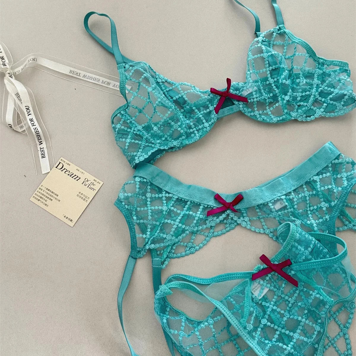 Lace Ultra-Thin Push-Up Bra Panty and Garter Set in Blue Transparent Lattice