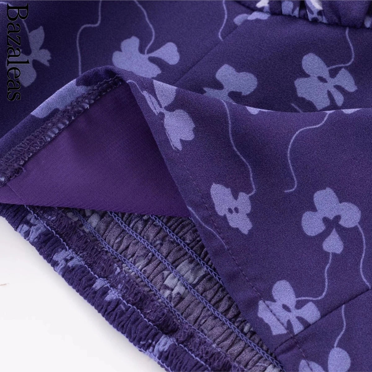 Purple Square Neckline Floral Print Blouse Flare Short Sleeve