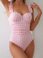 Vintage Ruffle Strap One Piece Swimsuit With Pink Mesh Underwire Tummy Control